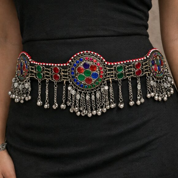 Afghani Kamar Bandh Waist Belt: Handmade Belly Chain with Glass Stones - Picture 8 of 9